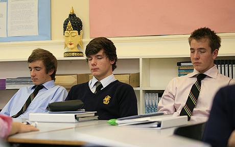 Happiness Lessons for Features...Happiness Lessons for Daily Telegraph Features section. Happiness Lessons at Wellington College, Berkshire. Pic shows a lesson being taken by Ian Morris at the begining of the lesson the boys have a five minute meditate. Copyright: Andrew Crowley mob: +44 7973 254 493 email: acrowley@ntlworld.com dtfe/dtac